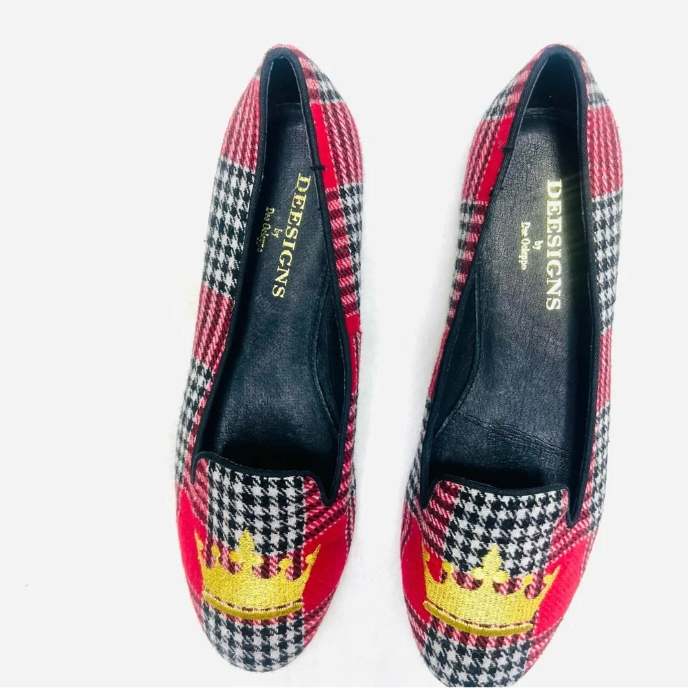 DEESIGNS By Dee Ocleppo Red Black White Plaid Gold Crown Loafers Flats S… - Picture 3 of 12
